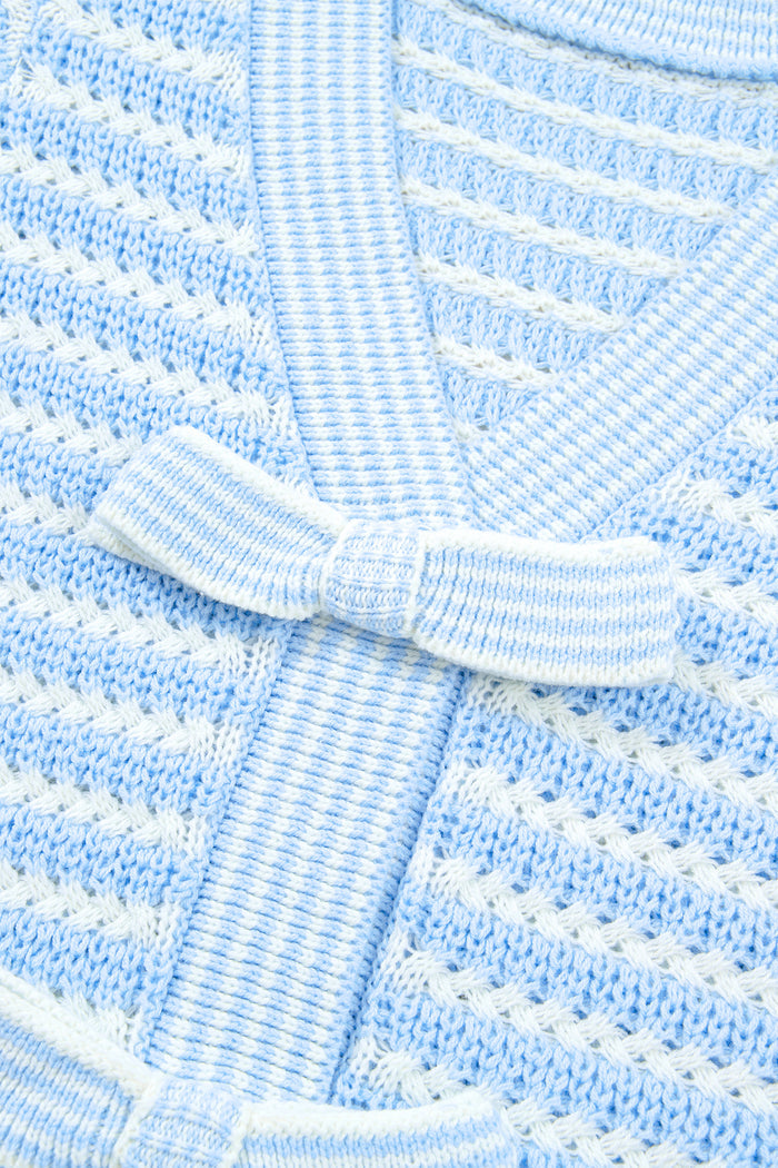 Sky Blue Stripe Short Sleeve Knit V Neck Bow Knot Sweater 🇺🇸