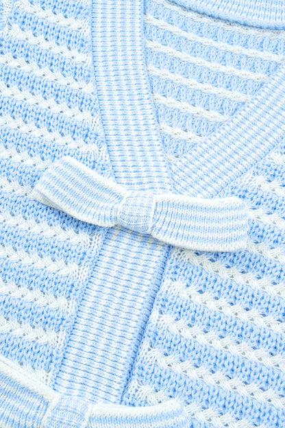 Sky Blue Stripe Short Sleeve Knit V Neck Bow Knot Sweater 🇺🇸