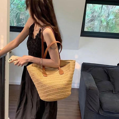 Straw Women's Large Capacity Vacation Beach Bucket Bag 🇨🇳