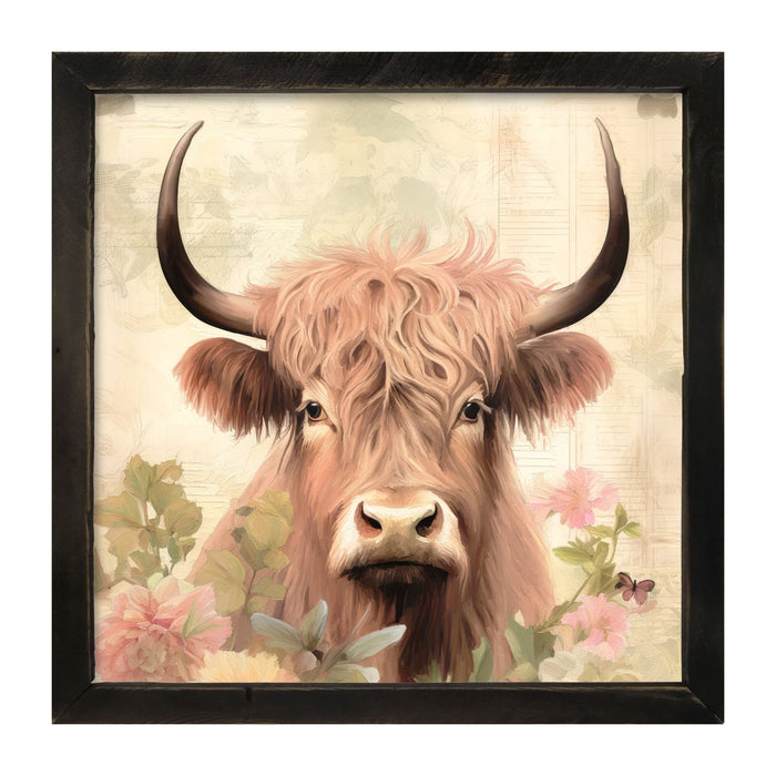 Tan Highland cow with flowers