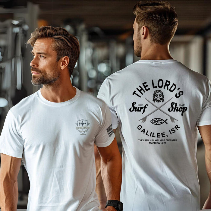 The Lords Surf Shop Shirt - Funny Christian T-Shirt, Jesus Surfing Tee, Matthew 14:26 Verse Shirt, Faith and Humor Apparel, Surfing T-Shirt