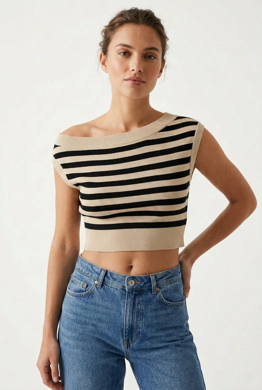 The Workshop Strip Boat Neck short sleeve cropped