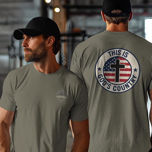 This Is Gods Country T-Shirt - Christian Patriotic Tee with Cross and Flag, Faith and Freedom Shirt for Men and Women