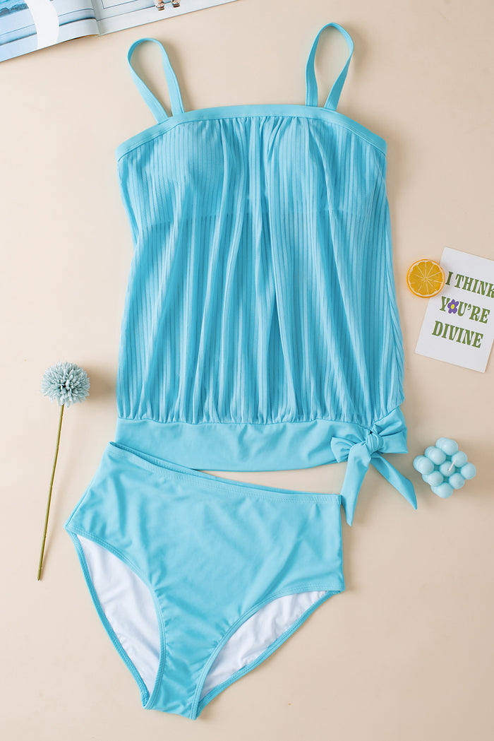 Turquoise Striped Mesh Knotted Hem Tankini Swimsuit 🇺🇸