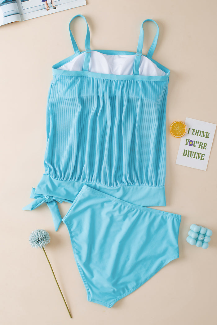 Turquoise Striped Mesh Knotted Hem Tankini Swimsuit 🇺🇸