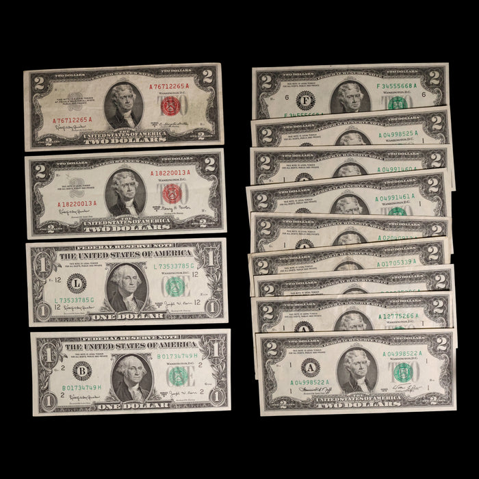 United States, Lot of 13 $1 and $2 Dollar Notes - 1953 to 1976 CE - United States of America