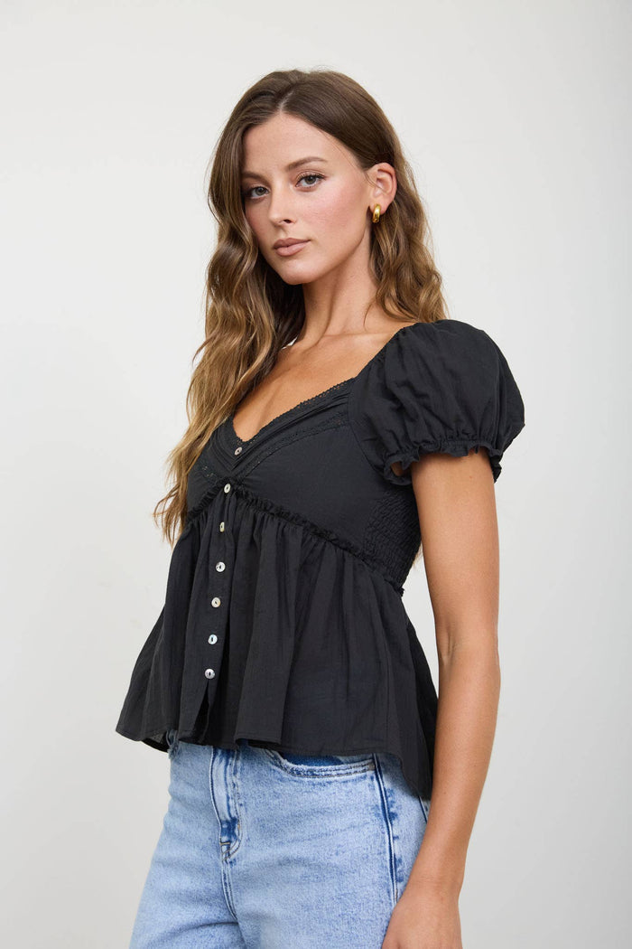 V NECK LACE PUFF SLEEVE BUTTON DOWN TOP : BLACK