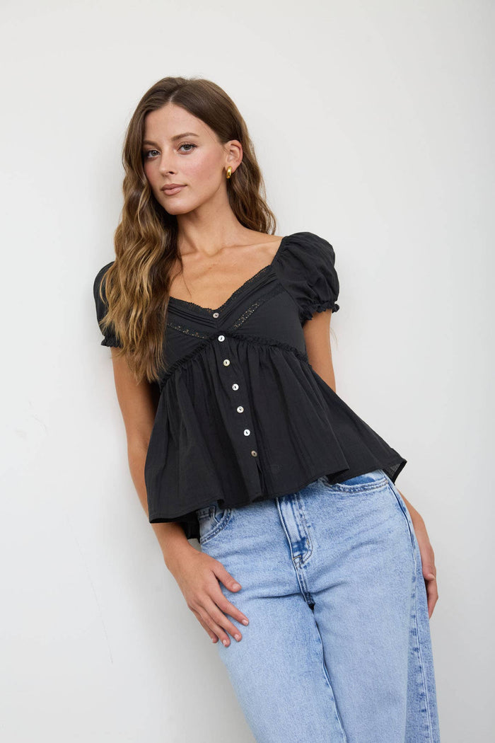 V NECK LACE PUFF SLEEVE BUTTON DOWN TOP : BLACK