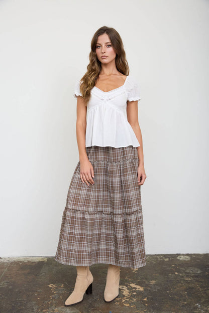 V NECK LADDER LACE PUFF SLEEVE BUTTON DOWN TOP : WHITE