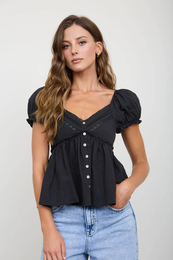V NECK LADDER LACE PUFF SLEEVE BUTTON DOWN TOP : WHITE