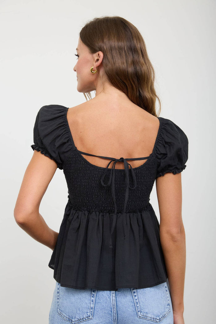 V NECK LADDER LACE PUFF SLEEVE BUTTON DOWN TOP : WHITE