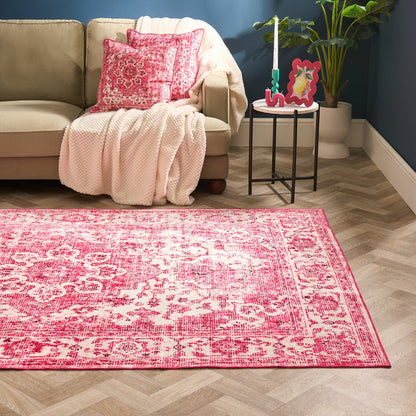 Washable Vintage Printed Rug - Pink 🇬🇧