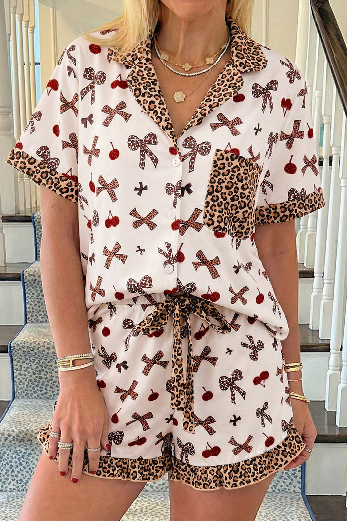 White Chic Bow Cherry Printed Leopard Contrast Patchwork Shirt Drawstring Shorts 2pcs PJ Set 🇺🇸