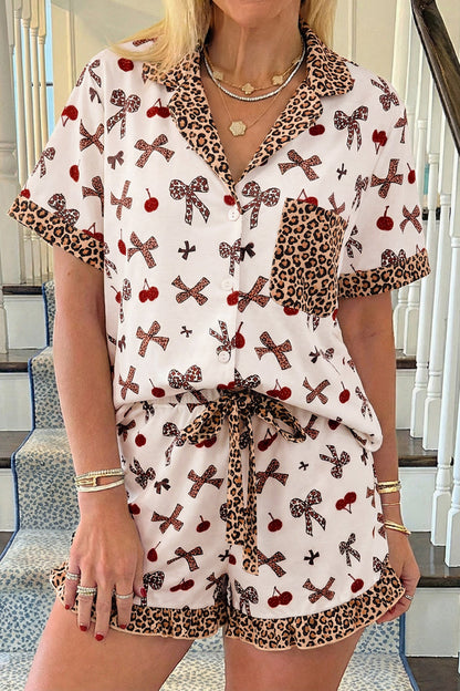 White Chic Bow Cherry Printed Leopard Contrast Patchwork Shirt Drawstring Shorts 2pcs PJ Set 🇺🇸