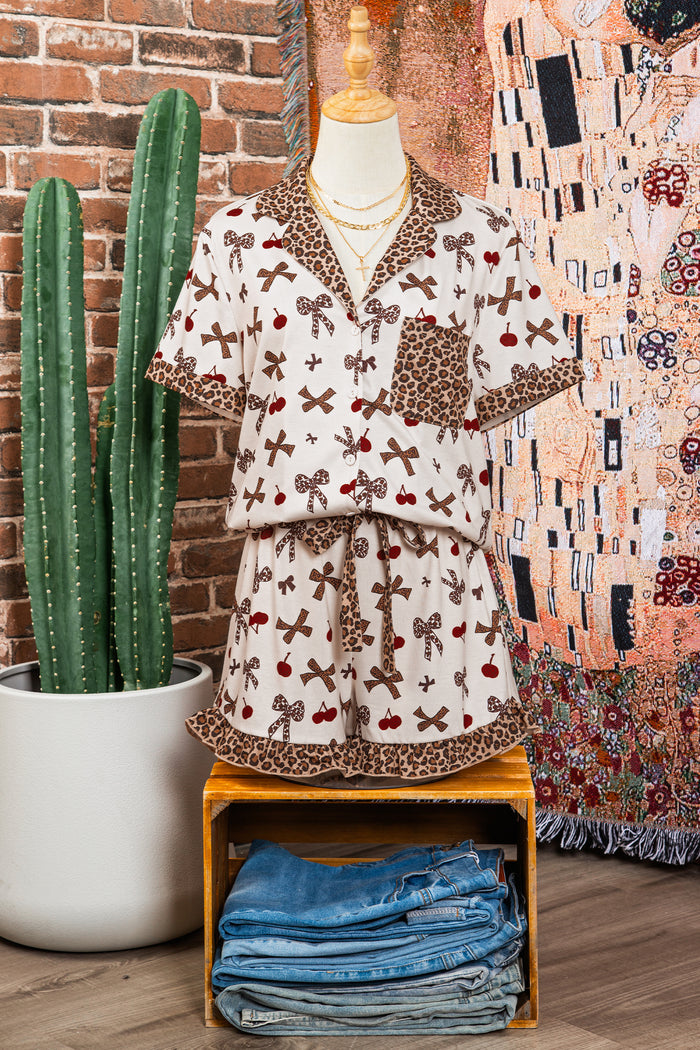 White Chic Bow Cherry Printed Leopard Contrast Patchwork Shirt Drawstring Shorts 2pcs PJ Set 🇺🇸