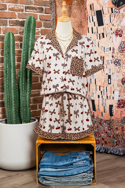 White Chic Bow Cherry Printed Leopard Contrast Patchwork Shirt Drawstring Shorts 2pcs PJ Set 🇺🇸