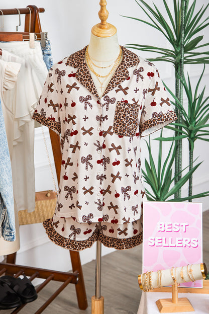 White Chic Bow Cherry Printed Leopard Contrast Patchwork Shirt Drawstring Shorts 2pcs PJ Set 🇺🇸