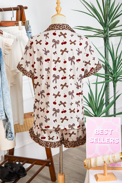 White Chic Bow Cherry Printed Leopard Contrast Patchwork Shirt Drawstring Shorts 2pcs PJ Set 🇺🇸