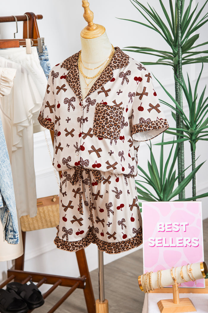 White Chic Bow Cherry Printed Leopard Contrast Patchwork Shirt Drawstring Shorts 2pcs PJ Set 🇺🇸