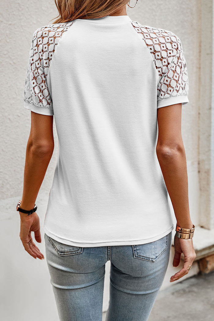 White Seamed Detail Contrast Lace Raglan Sleeve Tee 🇺🇸