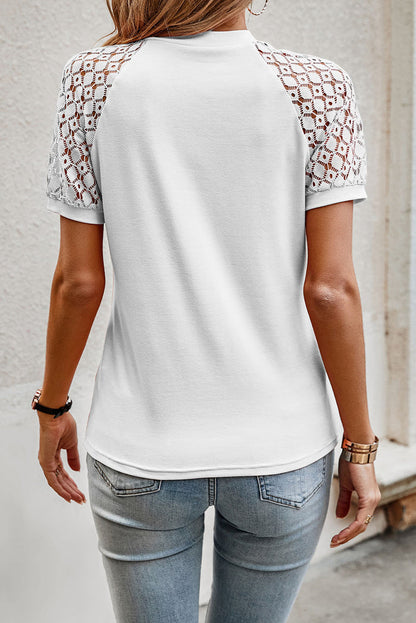 White Seamed Detail Contrast Lace Raglan Sleeve Tee 🇺🇸