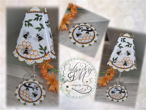 Wine glass shades with bees + coaster/5x7 hoop