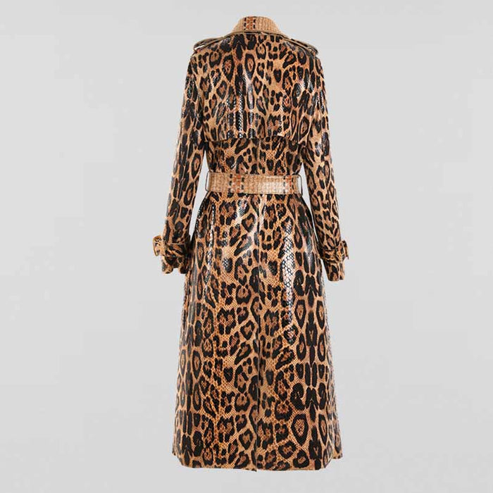 Women Animal Print Formal Coat In Brown Leopard Print Belted Trench Coat