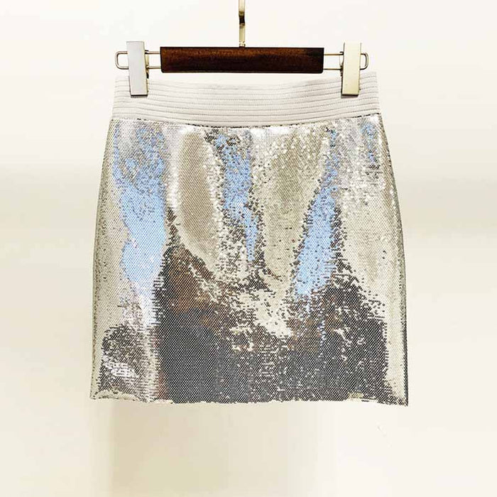 Women Sequin Silver V-Neck Long Sleeve Skirt Suit Clubwear Two Pieces BLING BLING Party Suits