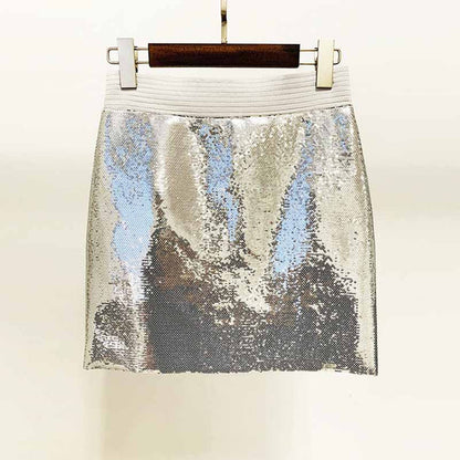 Women Sequin Silver V-Neck Long Sleeve Skirt Suit Clubwear Two Pieces BLING BLING Party Suits
