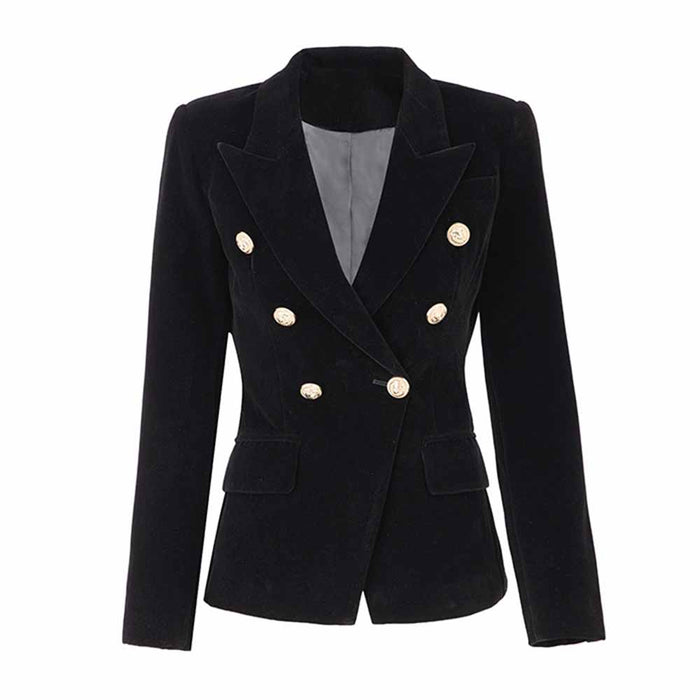 A black velvet women's double-breasted blazer with gold buttons and a V-neck collar.