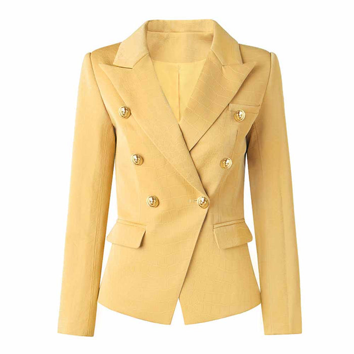 Women Velvet Yellow Double Breasted Blazer Gold Buttons Jacket