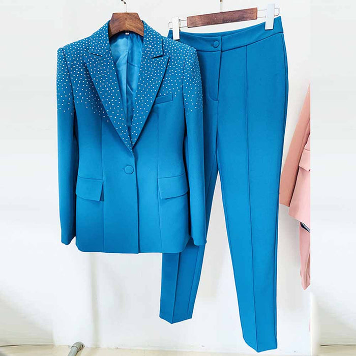 Women's 2 Piece One Button Blue Suit Fashionable Drilling Set Slim Fit Blazer Pans Suits