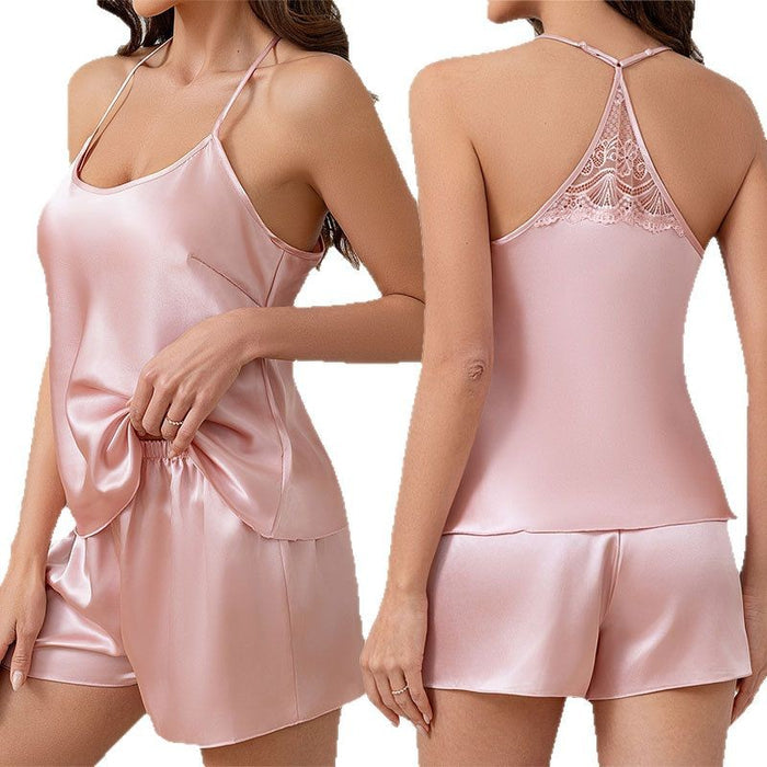 Womens Casual Silk Pajamas Solid-Color Lace Loungewear Set 🇨🇳