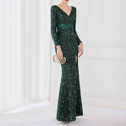 Women's Sexy Long Sleeve V Neck Wrap Side Split Bodycon Cocktail Party Maxi Dress S-4XL