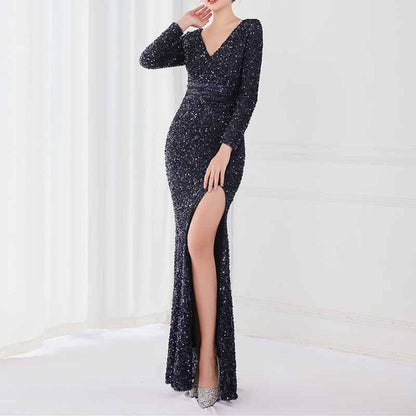 Women's Sexy Long Sleeve V Neck Wrap Side Split Bodycon Cocktail Party Maxi Dress S-4XL