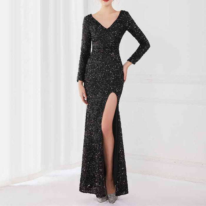 Women's Sexy Long Sleeve V Neck Wrap Side Split Bodycon Cocktail Party Maxi Dress S-4XL