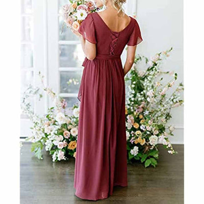 Women's Short Sleeve Bridesmaid Dresses Lace Up Chiffon Formal Dresses