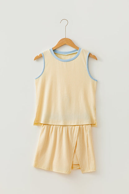 Yellow Contrast Trim Ribbed Tank Split Skort 2pcs Set 🇺🇸