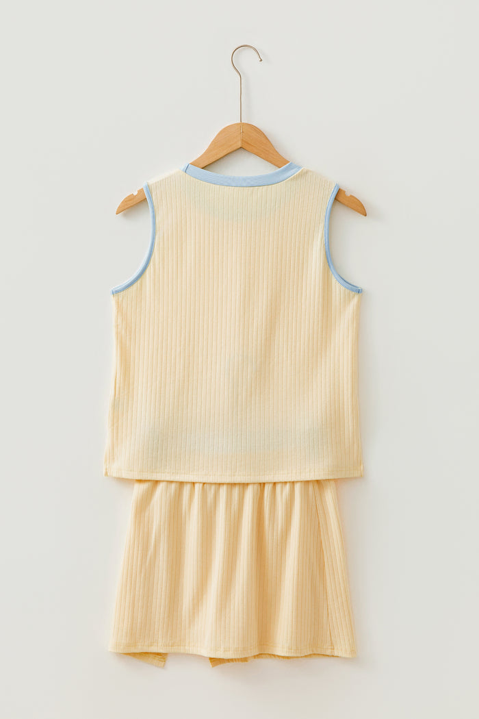 Yellow Contrast Trim Ribbed Tank Split Skort 2pcs Set 🇺🇸